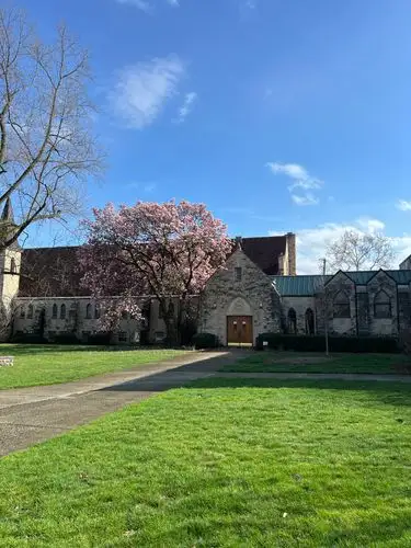 Historic charm meets vibrant spring blooms.